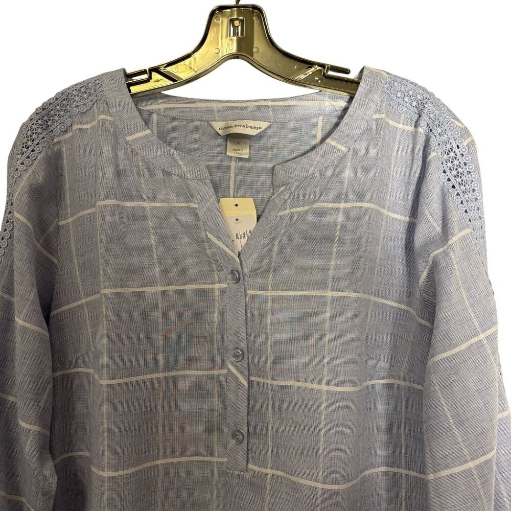 Christopher & Banks Blue Plaid 3/4 Sleeve Tunic Top W/Lace Detail Size L
